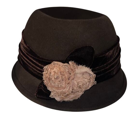 Scala Pronto, Women Wool Brown Velvet Lace Flower Cloche Y2K Church Packable Hat - Picture 1 of 8
